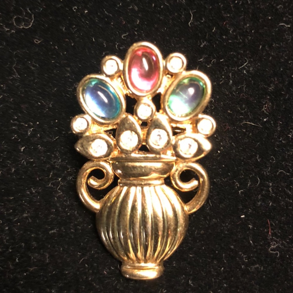 Vintage Gold Multi Color Flower Bouquet and Vase Brooch